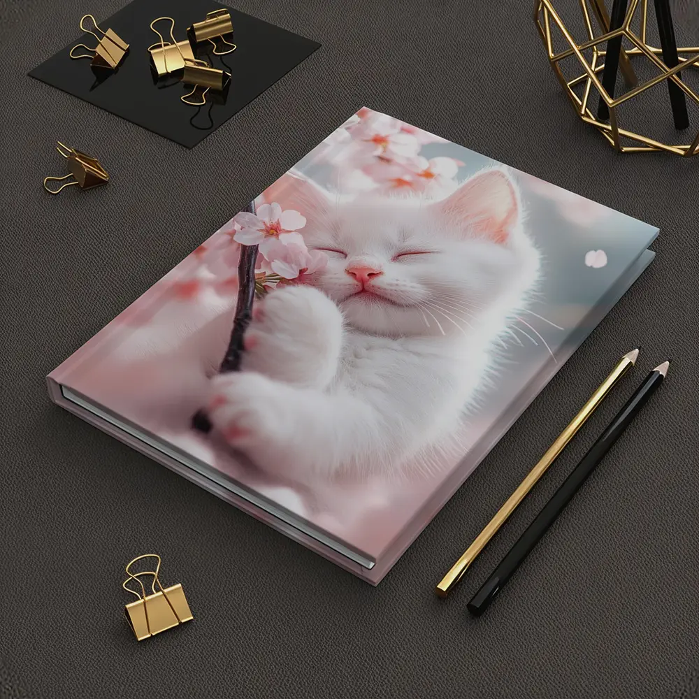 White Kitten Sleeping Among Cherry Blossoms – Notebooks