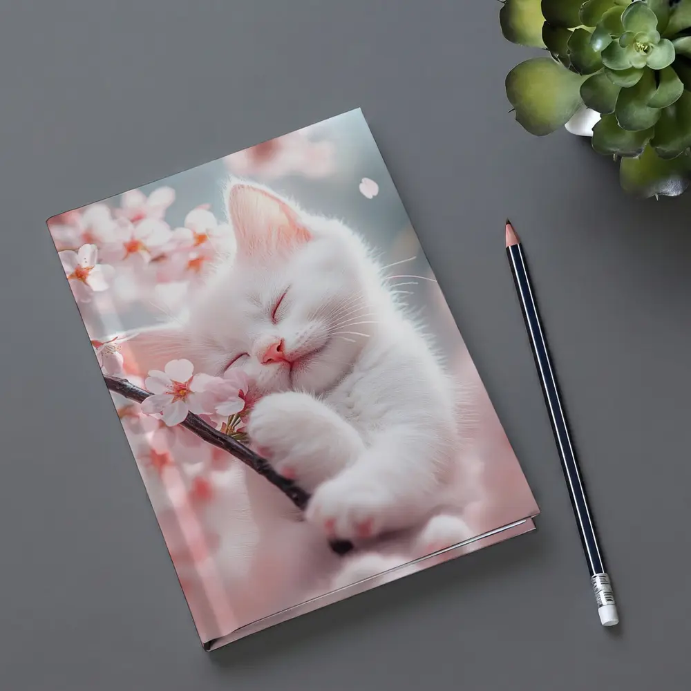White Kitten Sleeping Among Cherry Blossoms – Notebooks