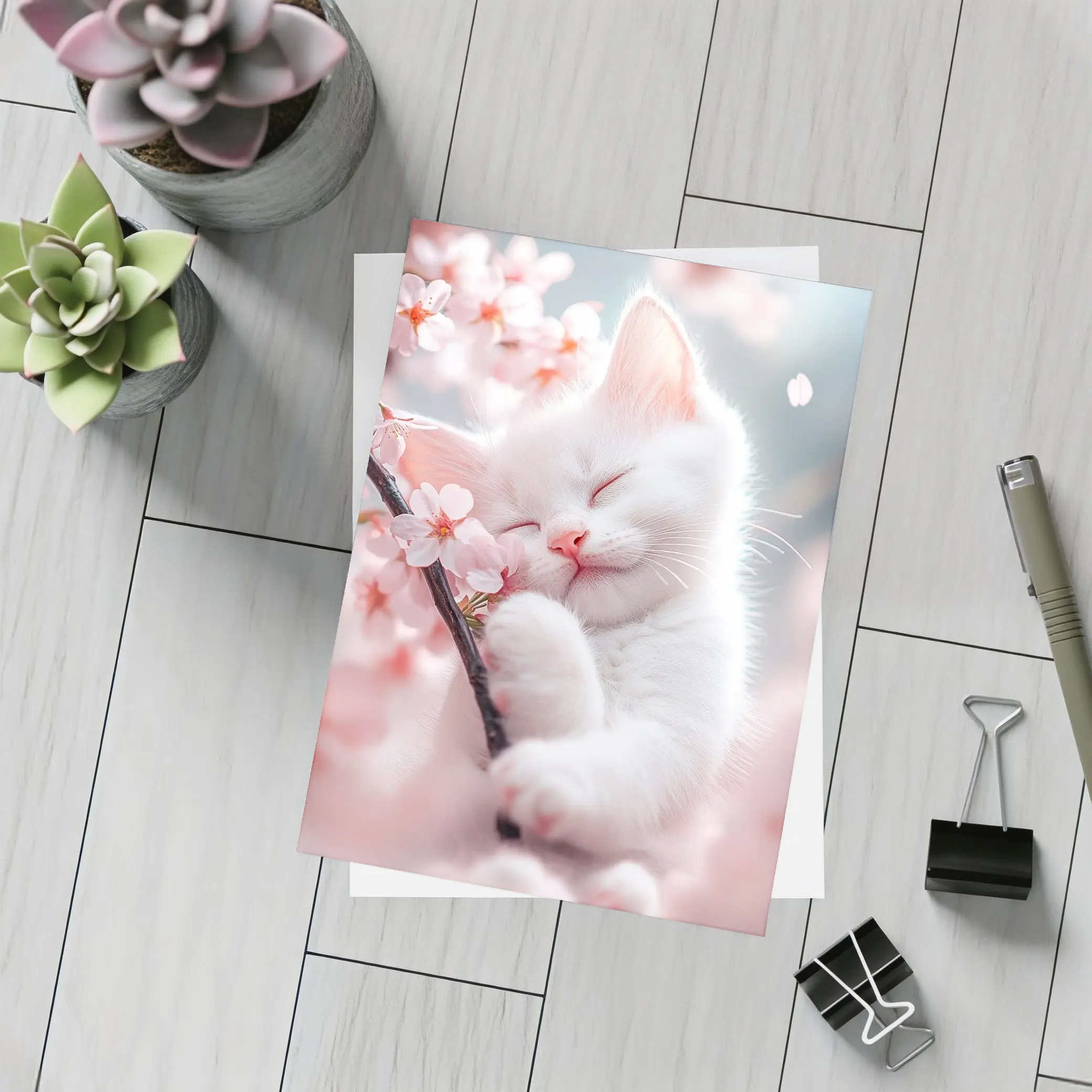 White Kitten Sleeping Among Cherry Blossoms – Postcards