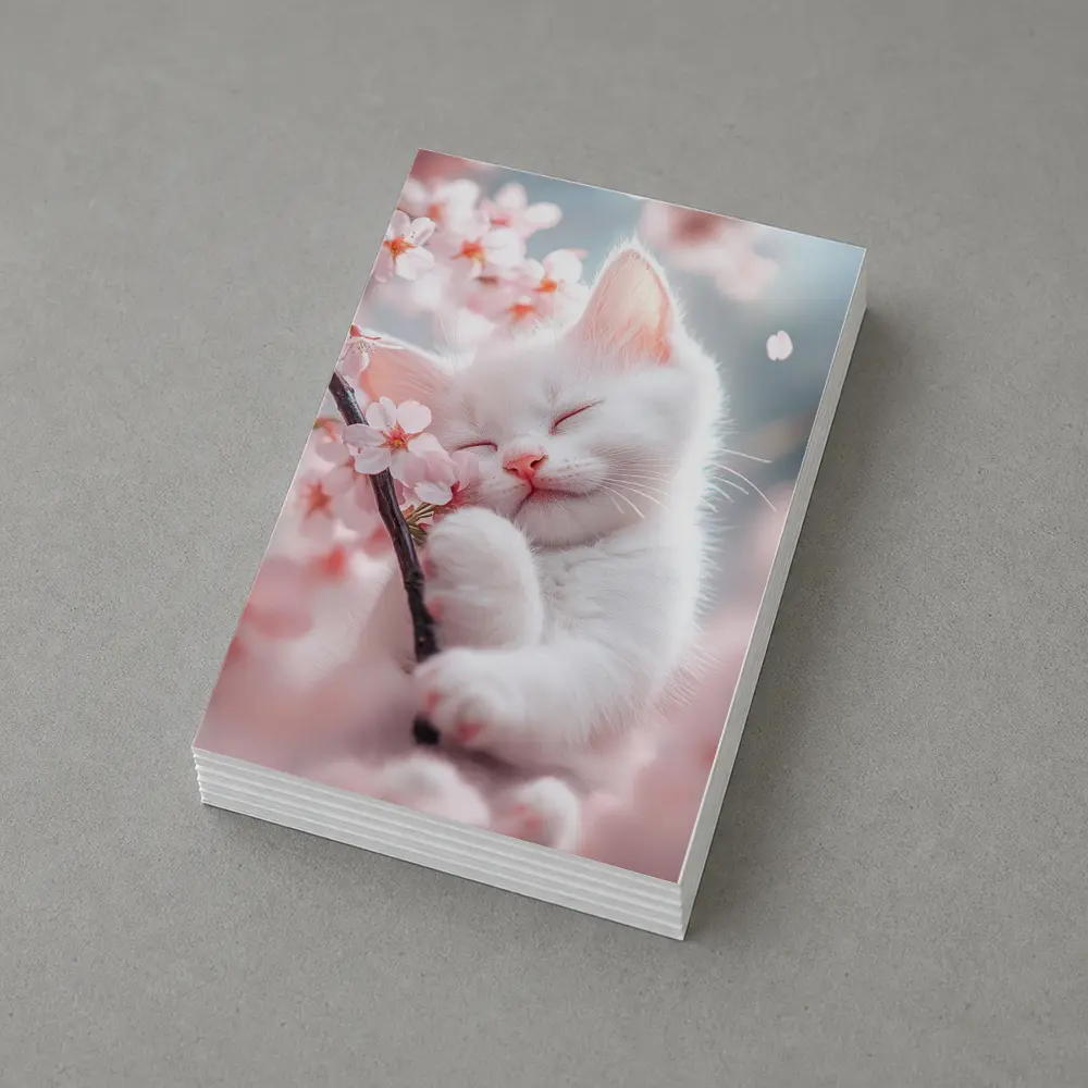 White Kitten Sleeping Among Cherry Blossoms – Postcards