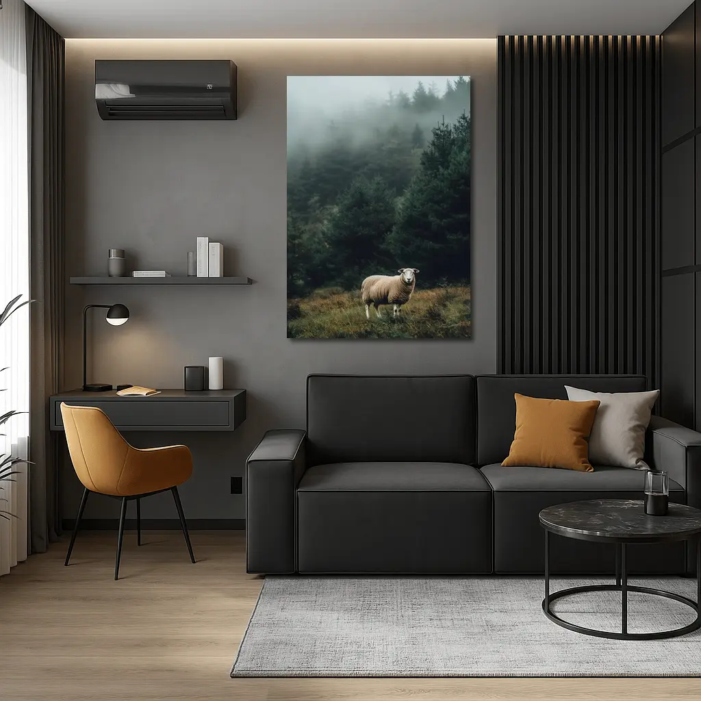 Lone Sheep Misty Forest Highland Landscape – Wall Art