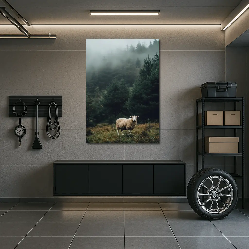 Lone Sheep Misty Forest Highland Landscape – Wall Art