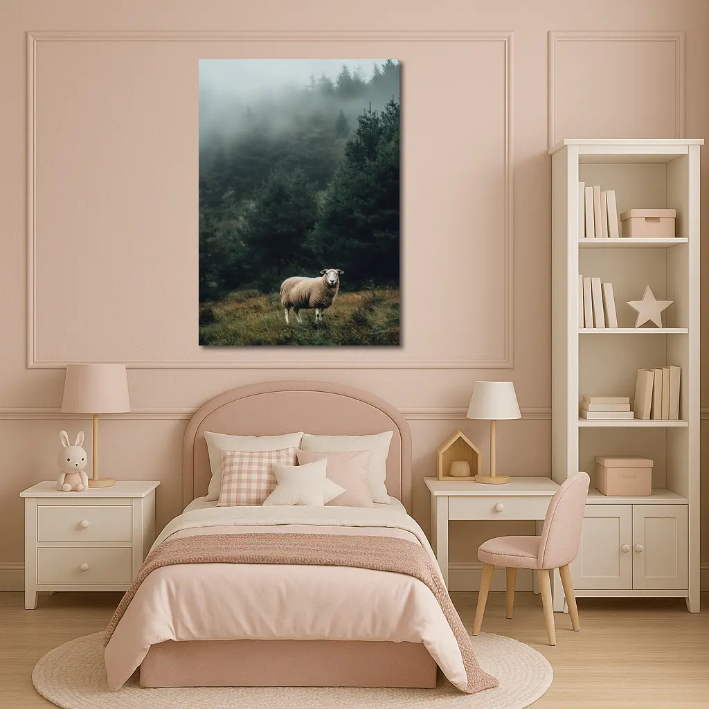 Lone Sheep Misty Forest Highland Landscape – Wall Art
