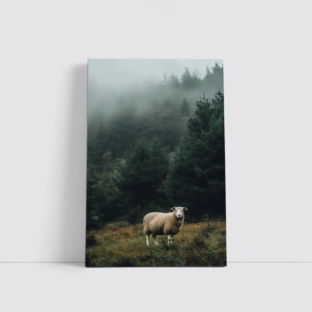 Lone Sheep Misty Forest Highland Landscape – Wall Art