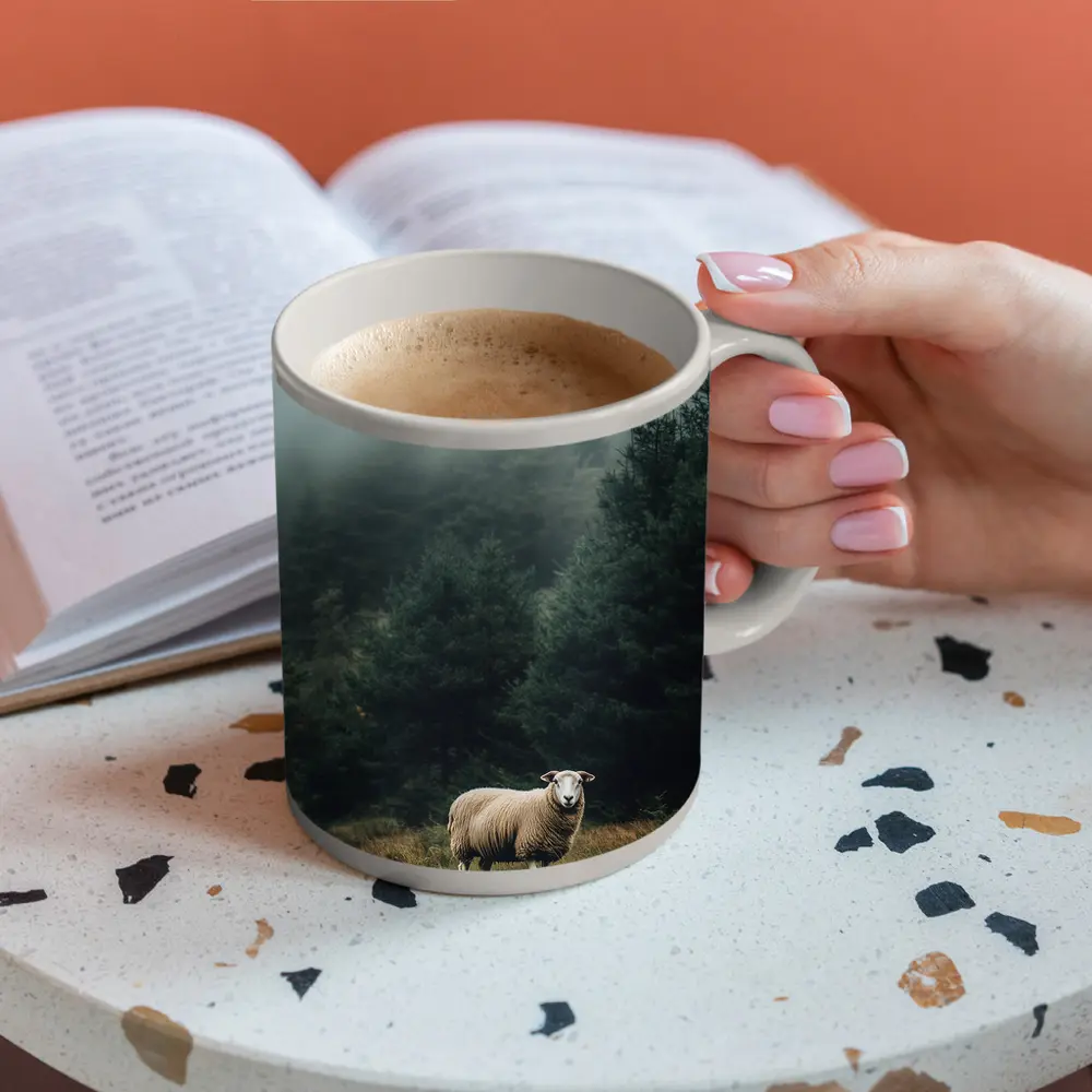Lone Sheep Misty Forest Highland Landscape – Mugs