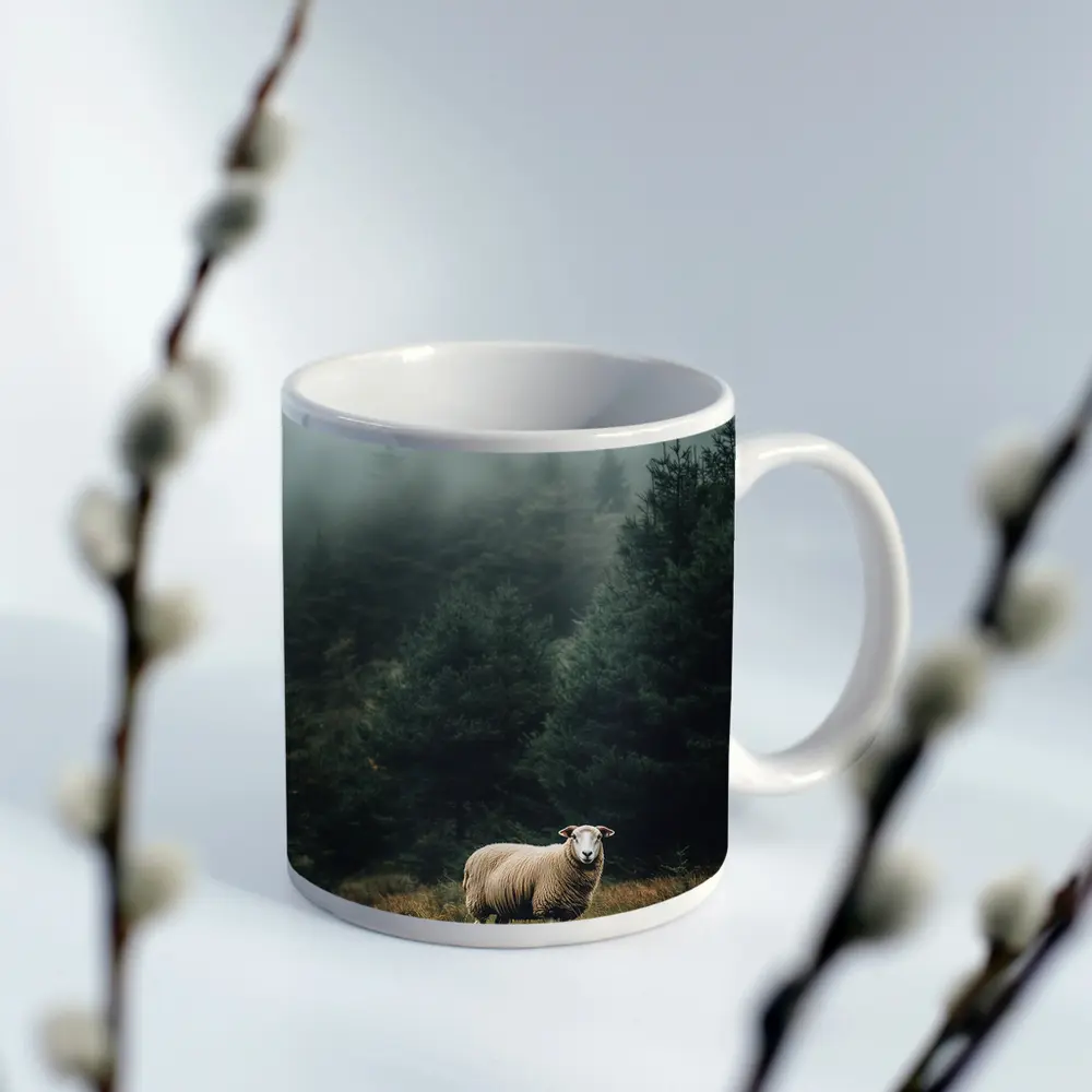 Lone Sheep Misty Forest Highland Landscape – Mugs