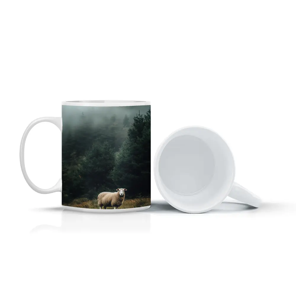 Lone Sheep Misty Forest Highland Landscape – Mugs