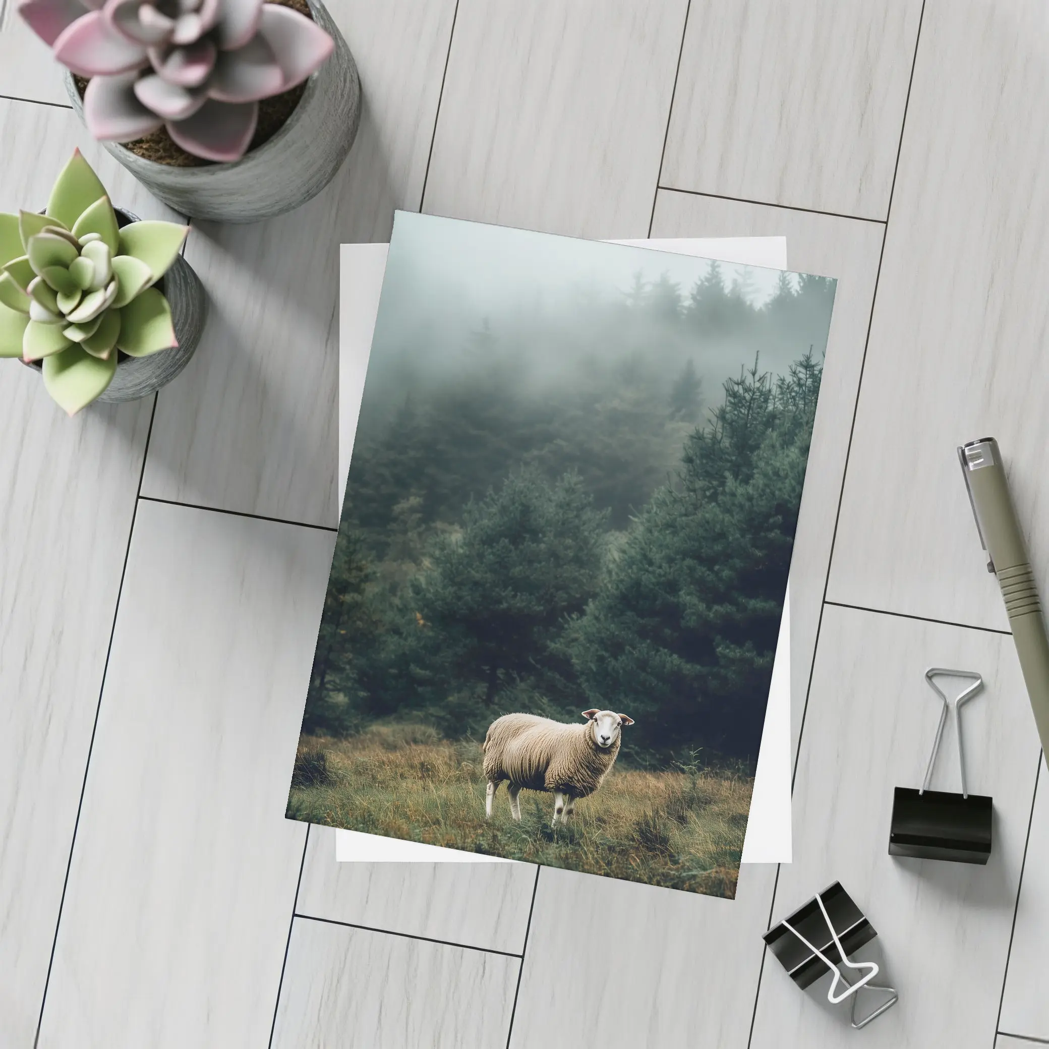 Lone Sheep Misty Forest Highland Landscape – Postcards