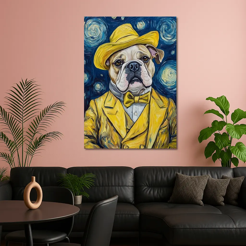 English Bulldog Yellow Suit Starry Night – Wall Art