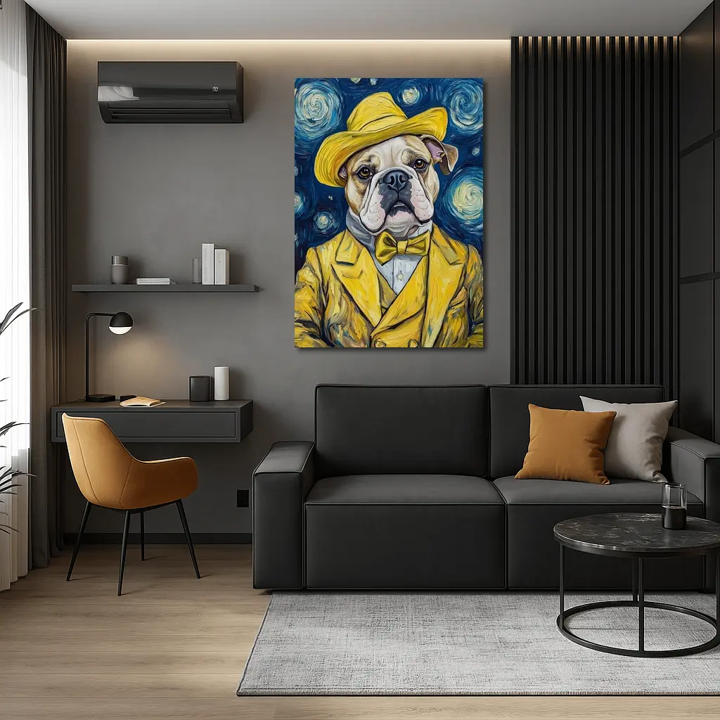 English Bulldog Yellow Suit Starry Night – Wall Art
