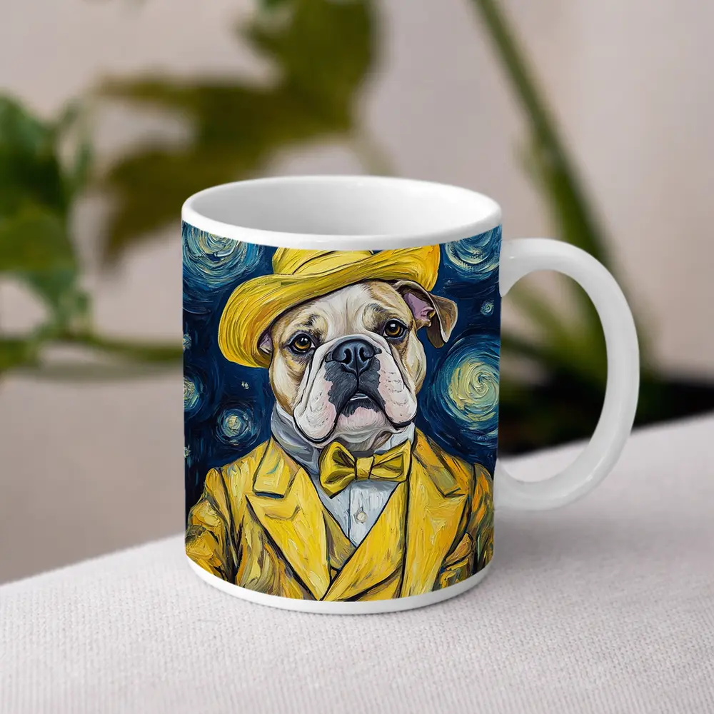 English Bulldog Yellow Suit Starry Night – Mugs