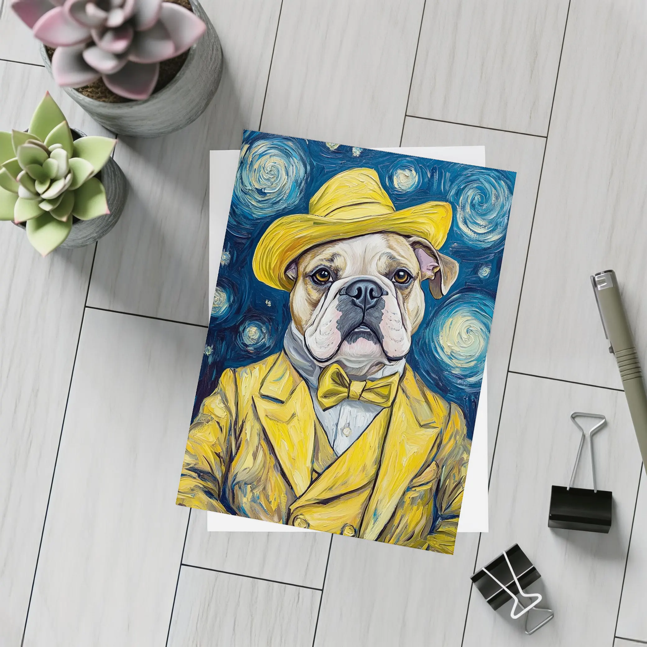 English Bulldog Yellow Suit Starry Night – Postcards