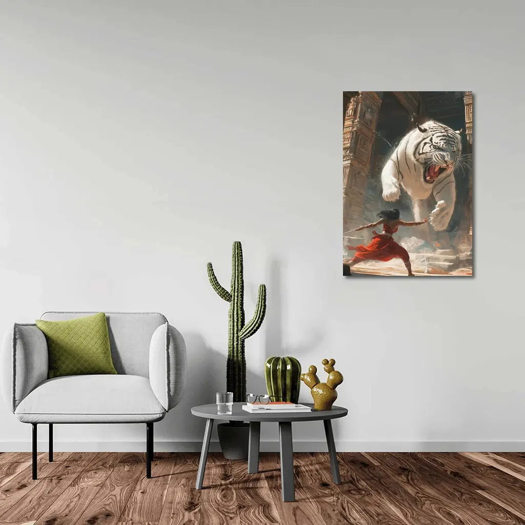 White Tiger Warrior Woman Ancient Temple Fight – Wall Art
