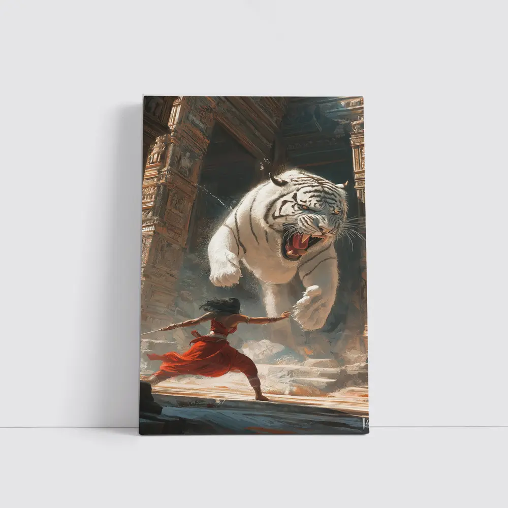 White Tiger Warrior Woman Ancient Temple Fight – Wall Art