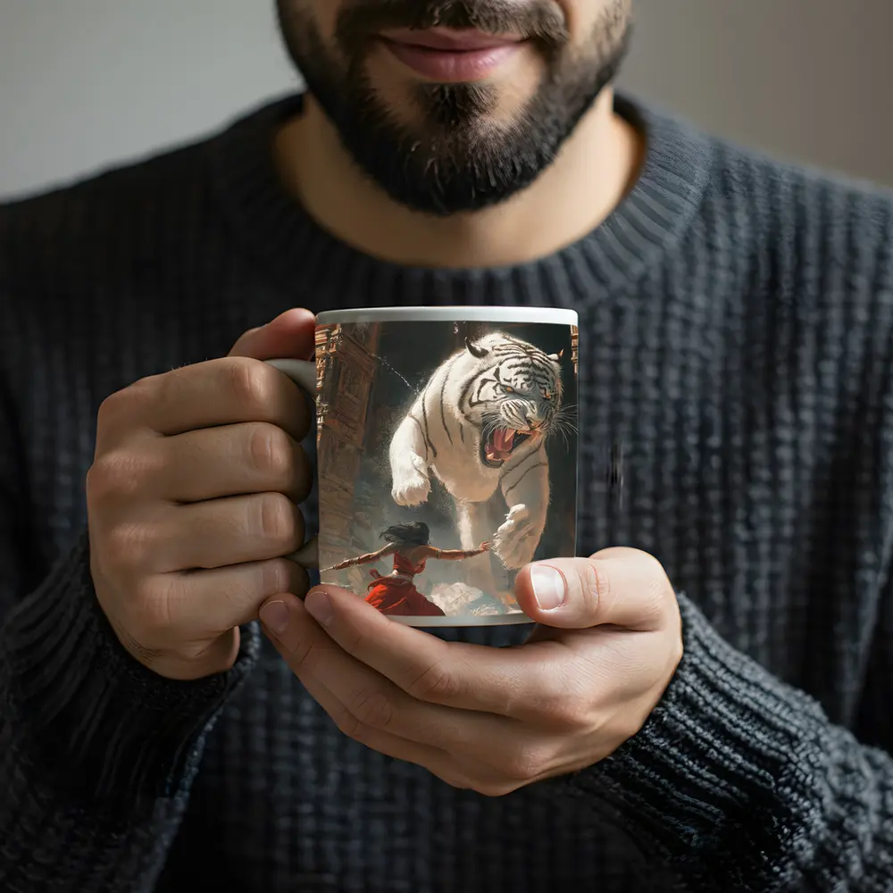 White Tiger Warrior Woman Ancient Temple Fight – Mugs