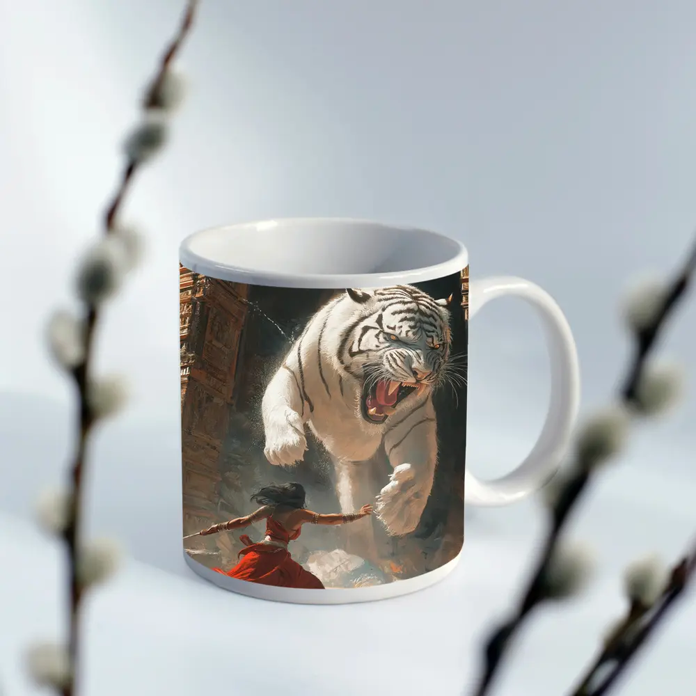 White Tiger Warrior Woman Ancient Temple Fight – Mugs