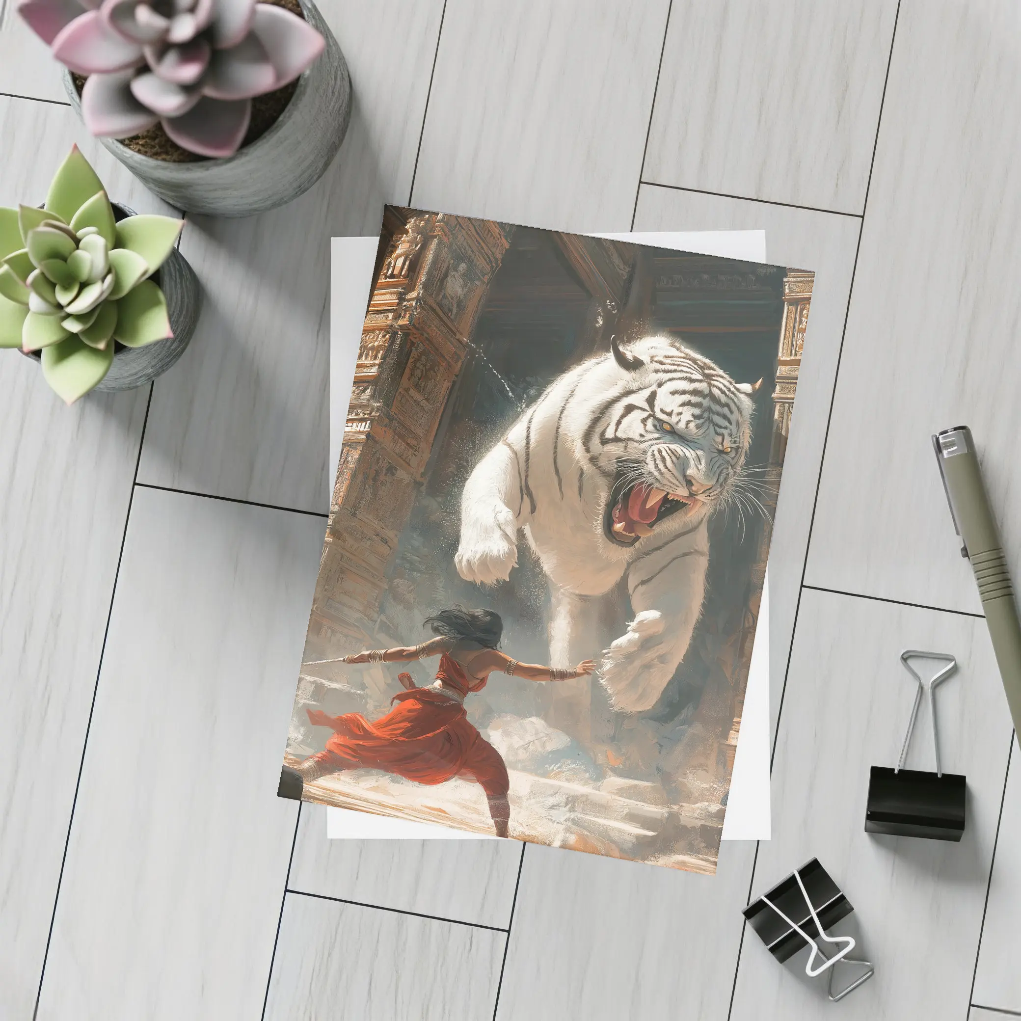 White Tiger Warrior Woman Ancient Temple Fight – Postcards