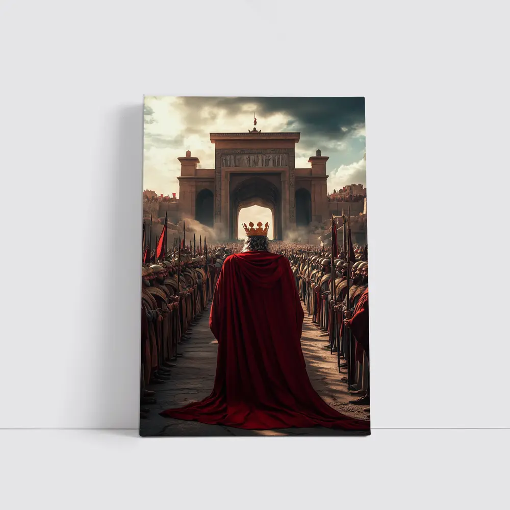 King In Red Cloak Before Ancient Gate – Wall Art
