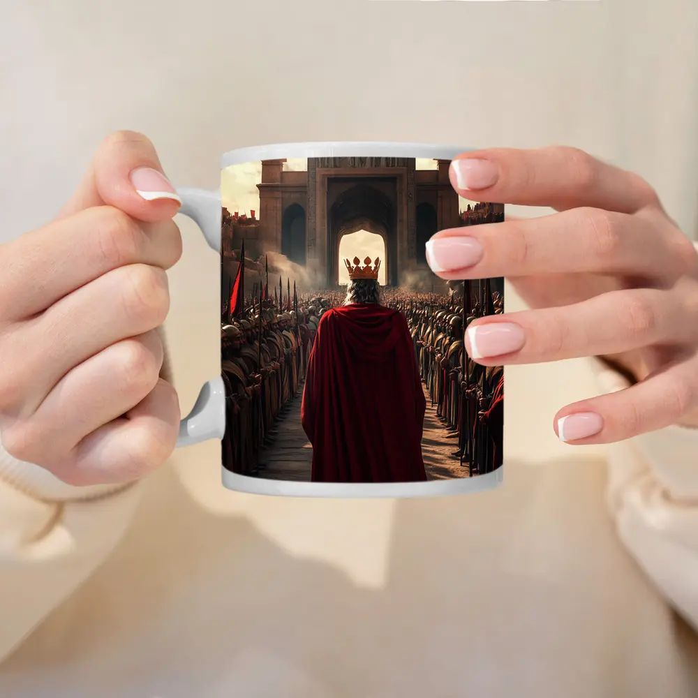 King In Red Cloak Before Ancient Gate – Mugs