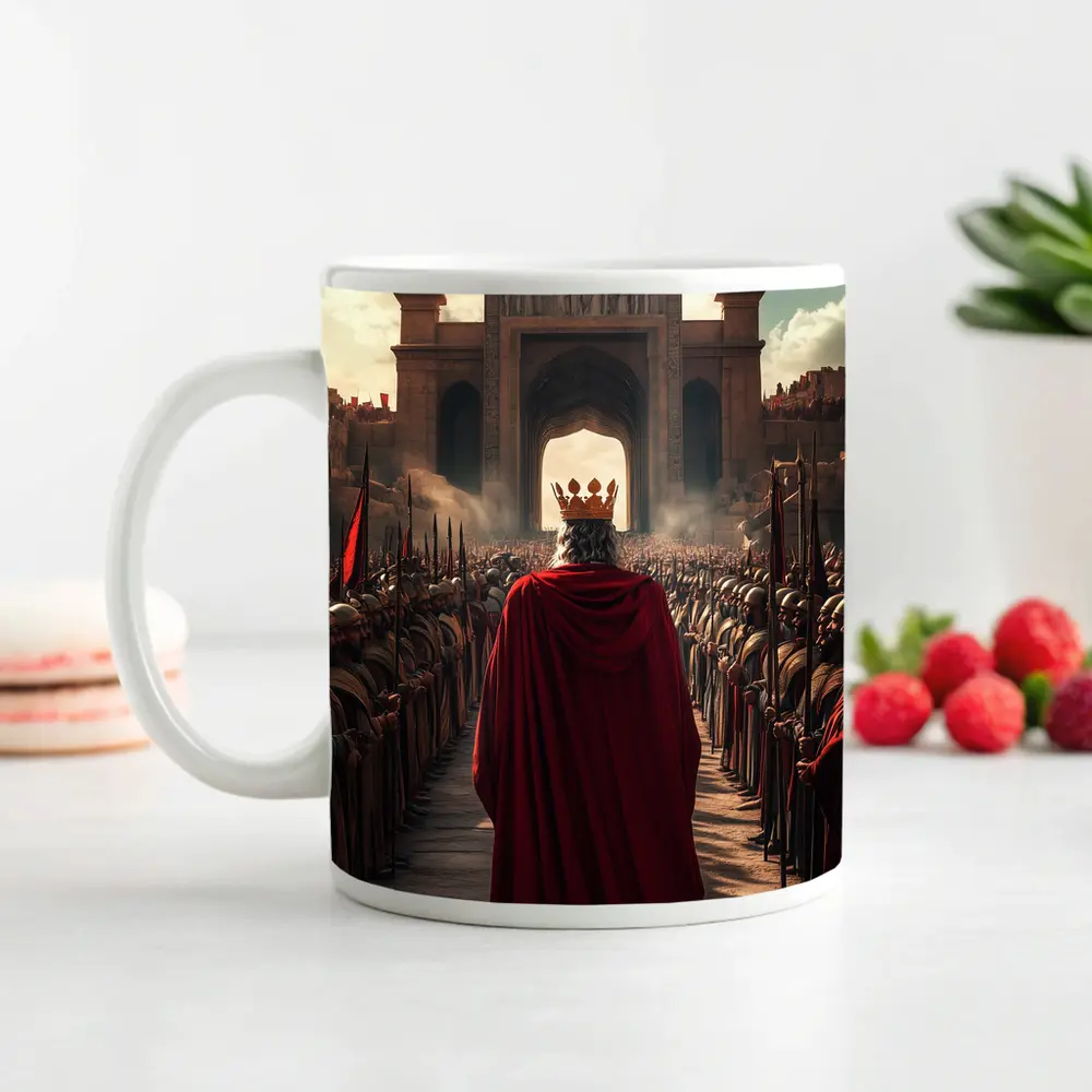 King In Red Cloak Before Ancient Gate – Mugs