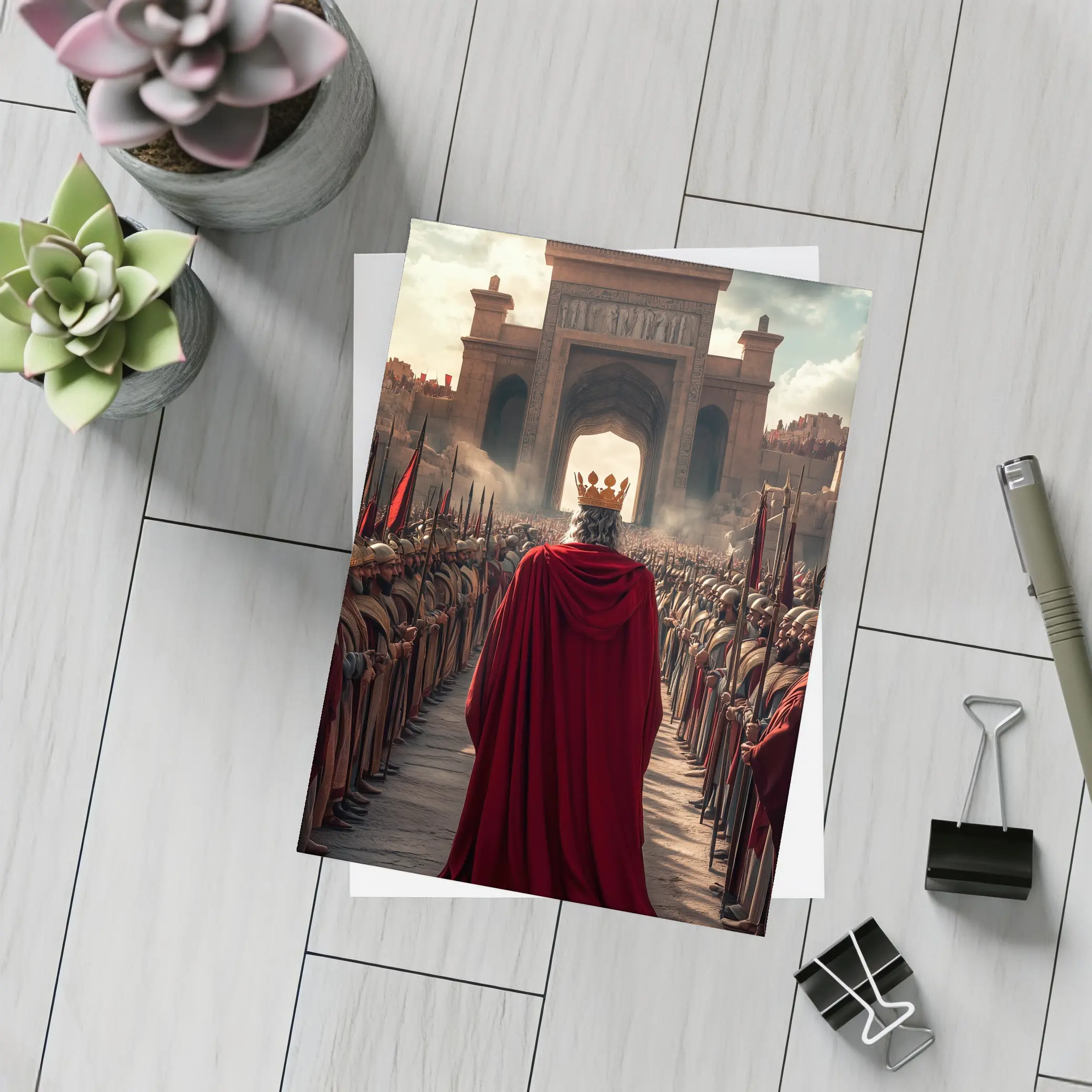 King In Red Cloak Before Ancient Gate – Postcards