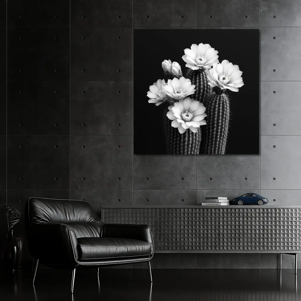 Black And White Cactus Flowers Dark Background – Wall Art