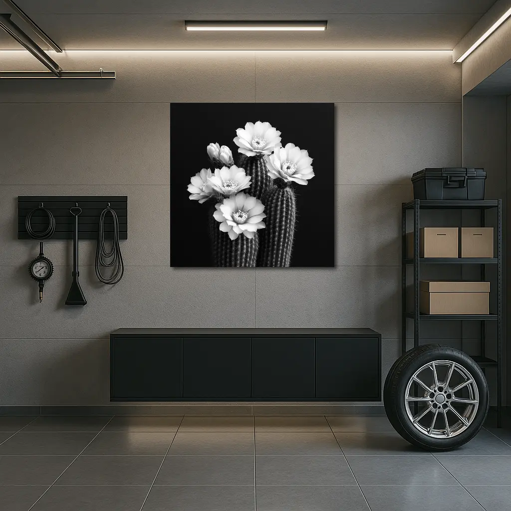 Black And White Cactus Flowers Dark Background – Wall Art
