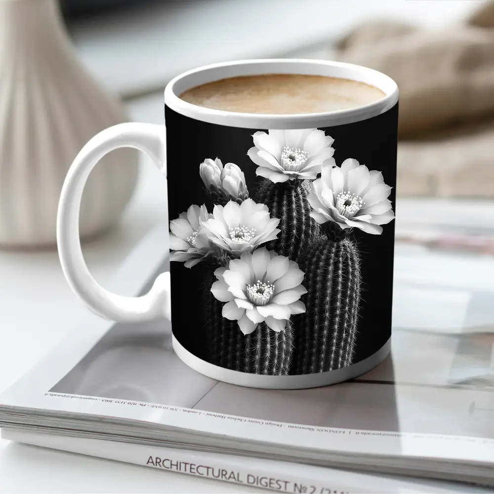 Black And White Cactus Flowers Dark Background – Mugs