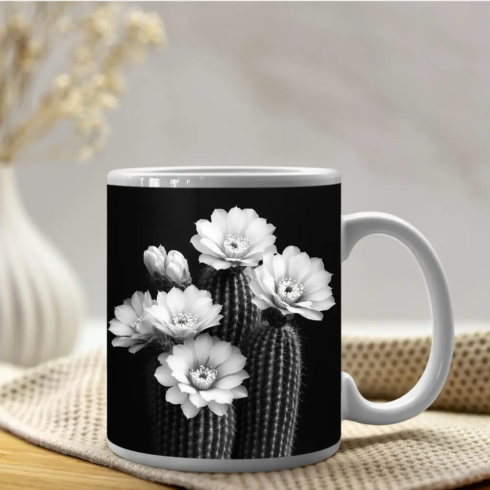 Black And White Cactus Flowers Dark Background – Mugs