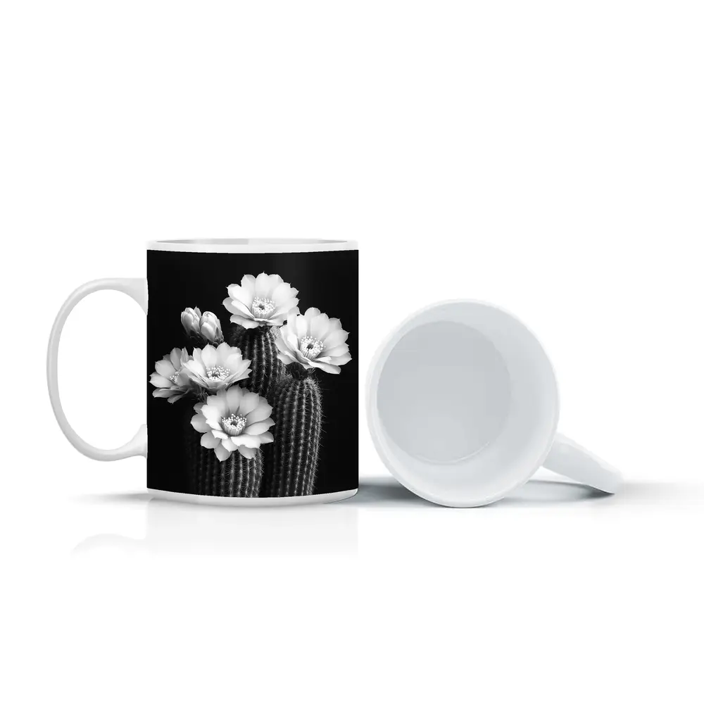 Black And White Cactus Flowers Dark Background – Mugs