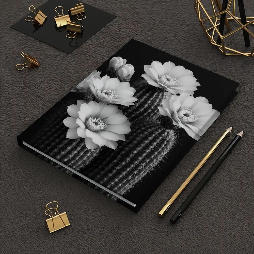 Black And White Cactus Flowers Dark Background – Notebooks