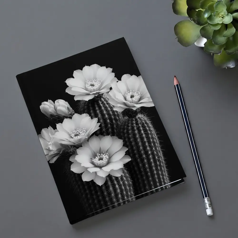 Black And White Cactus Flowers Dark Background – Notebooks