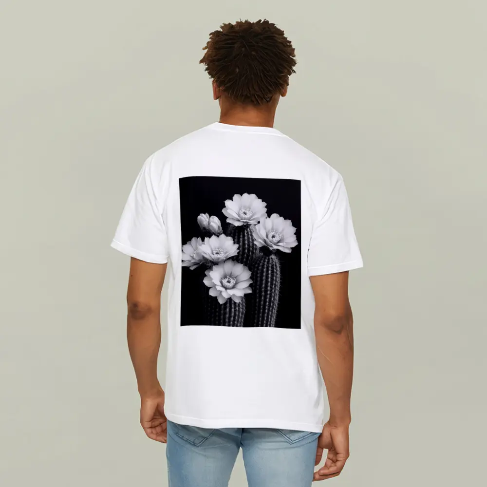 Black And White Cactus Flowers Dark Background – T-Shirts