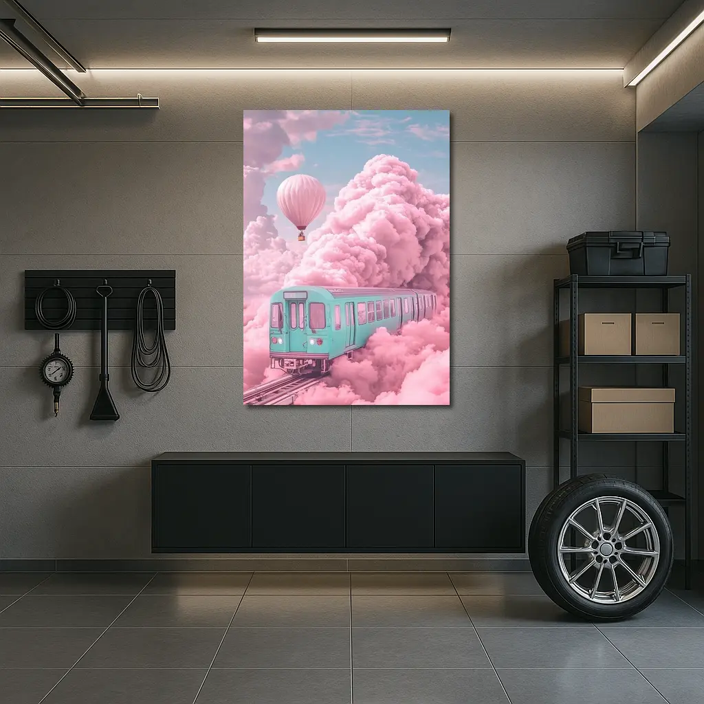 Teal Train Floating Through Pink Clouds – Wall Art