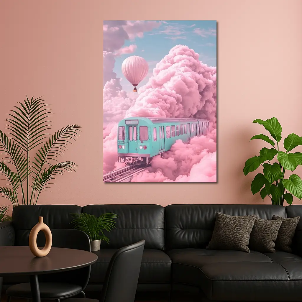 Teal Train Floating Through Pink Clouds – Wall Art