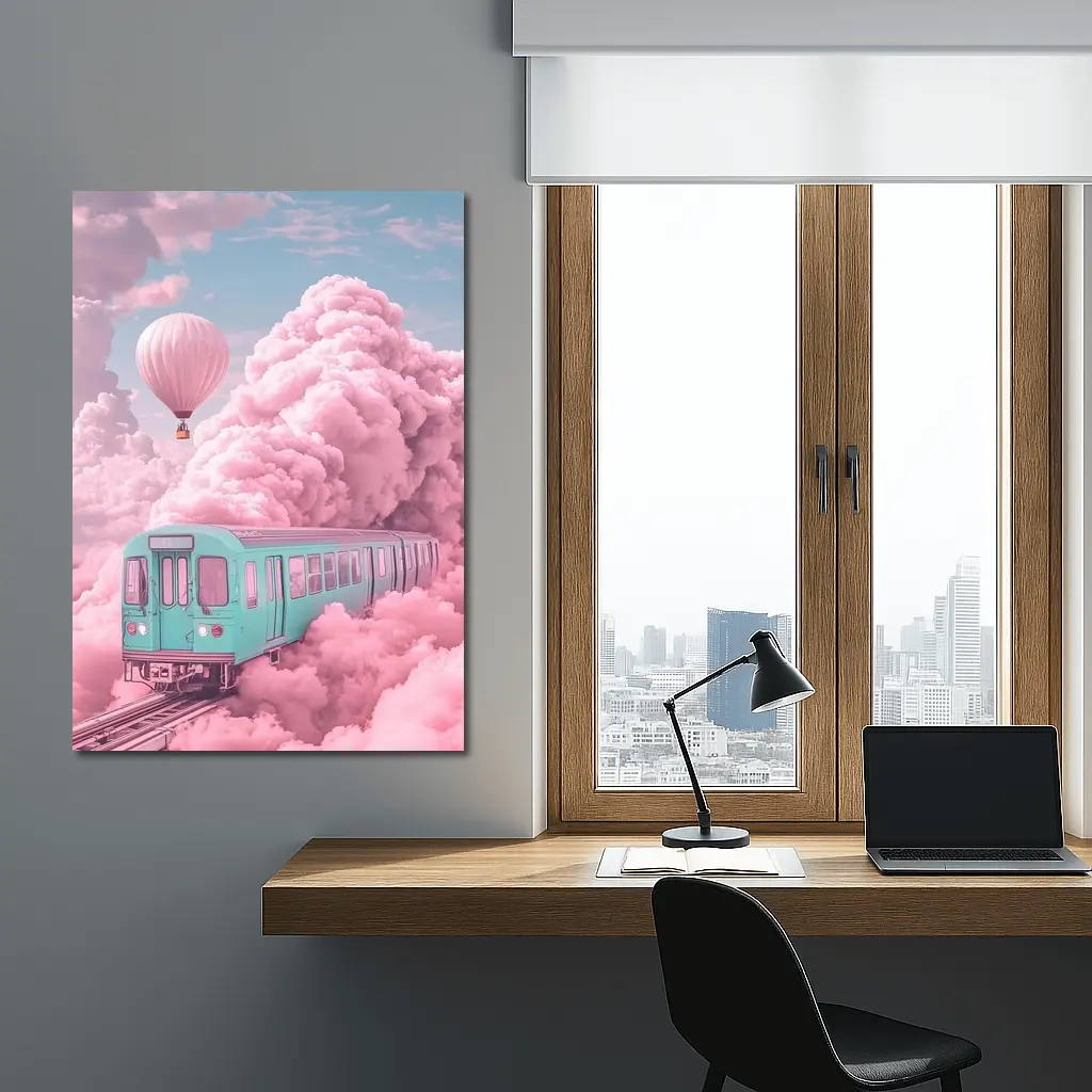 Teal Train Floating Through Pink Clouds – Wall Art