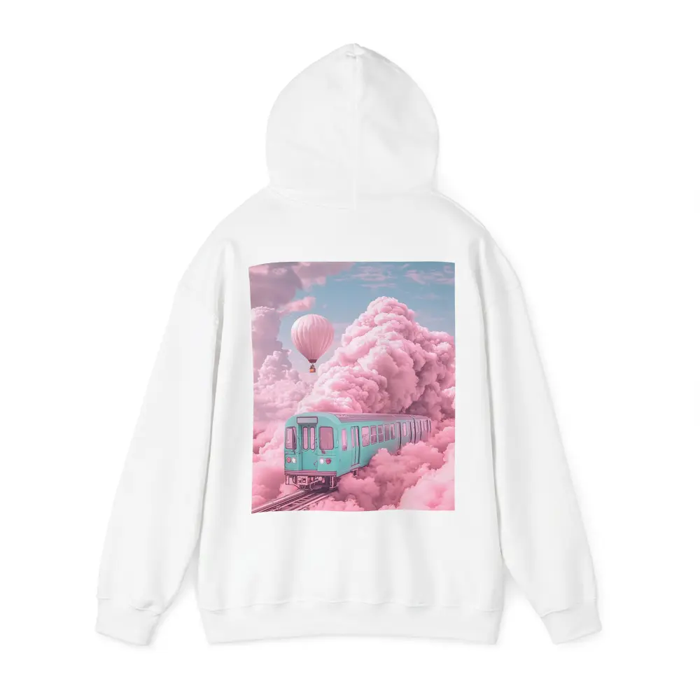 Teal Train Floating Through Pink Clouds – Hoodies