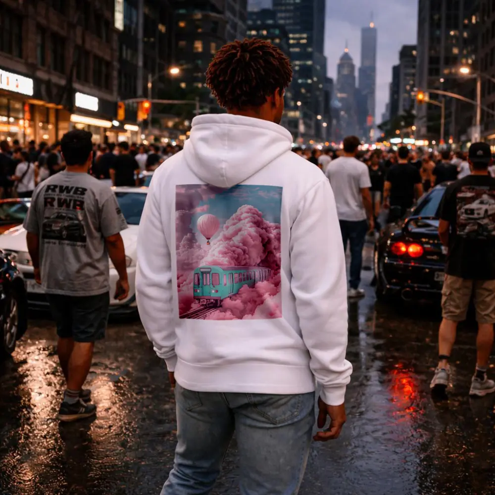 Teal Train Floating Through Pink Clouds – Hoodies