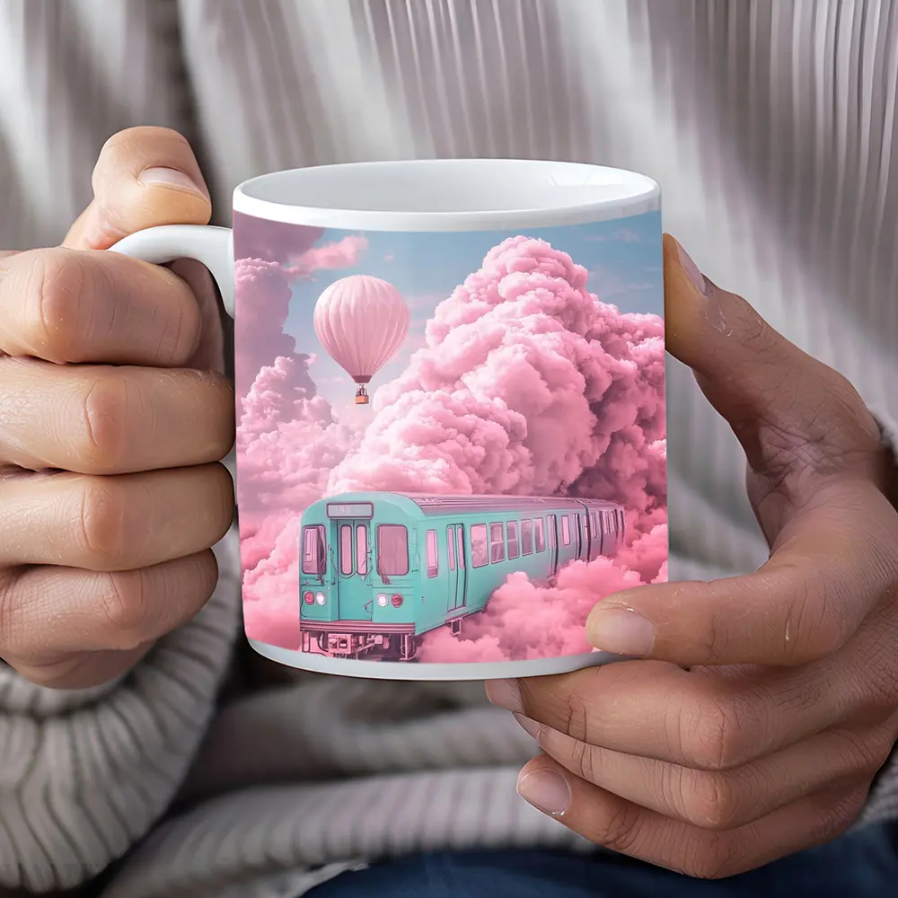 Teal Train Floating Through Pink Clouds – Mugs