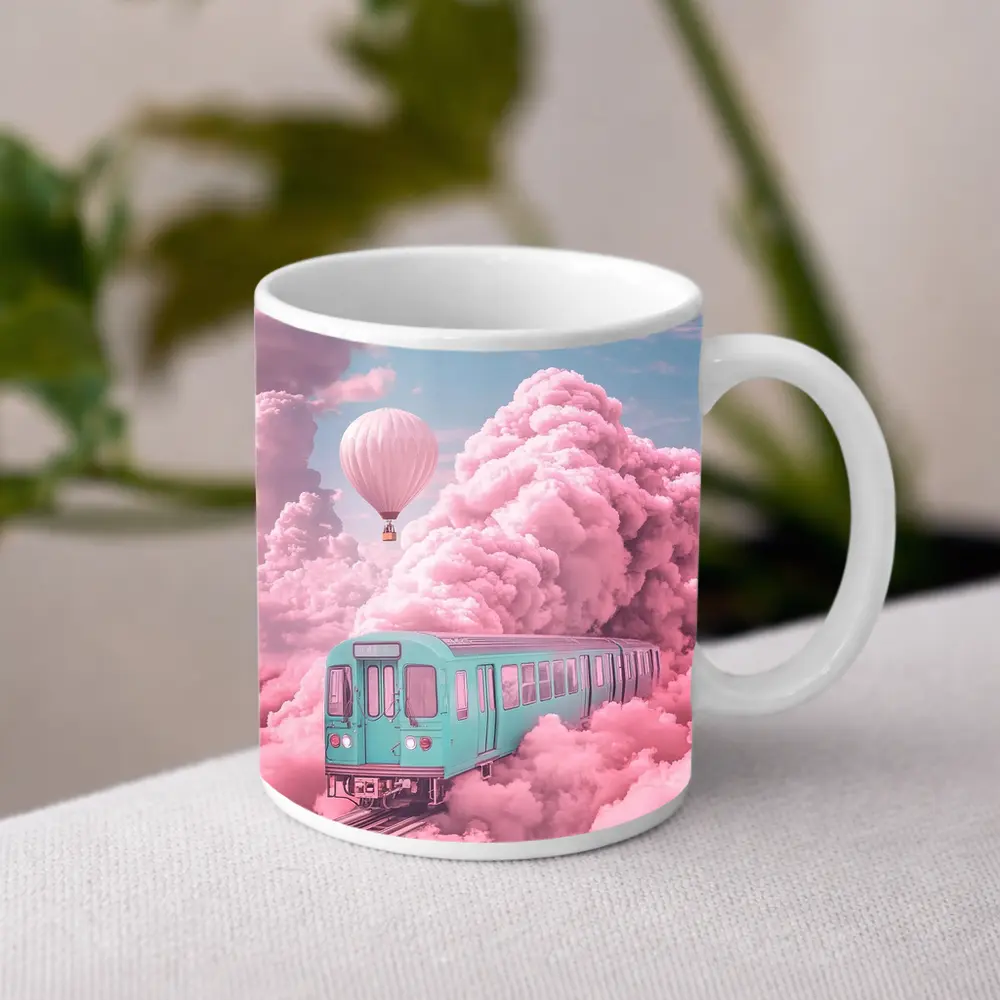 Teal Train Floating Through Pink Clouds – Mugs
