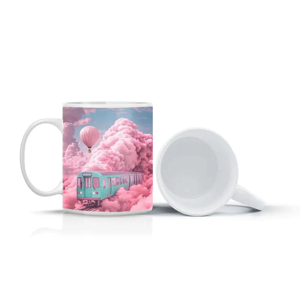 Teal Train Floating Through Pink Clouds – Mugs