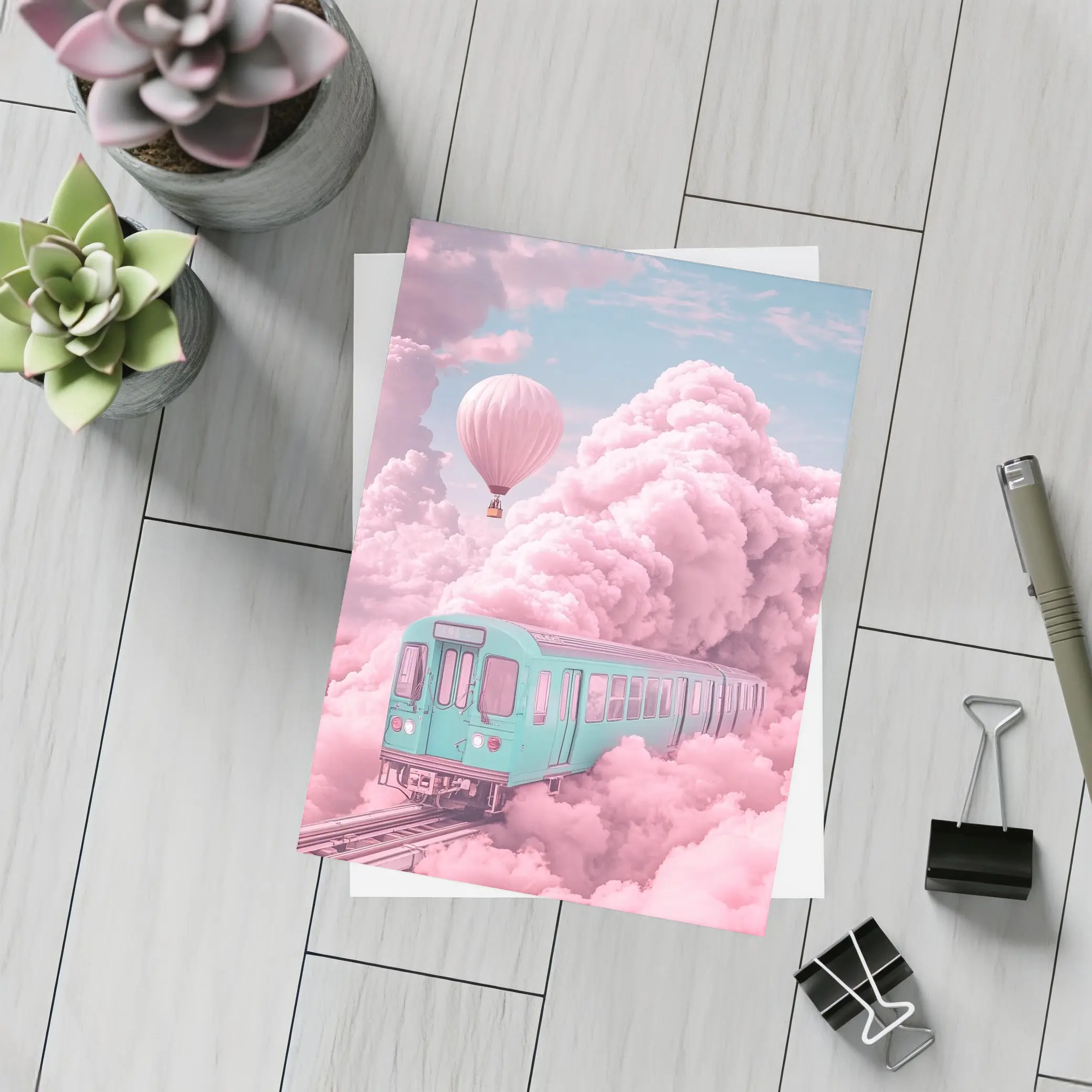Teal Train Floating Through Pink Clouds – Postcards