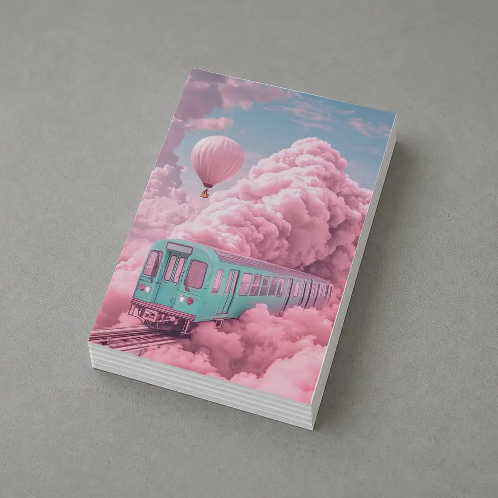 Teal Train Floating Through Pink Clouds – Postcards
