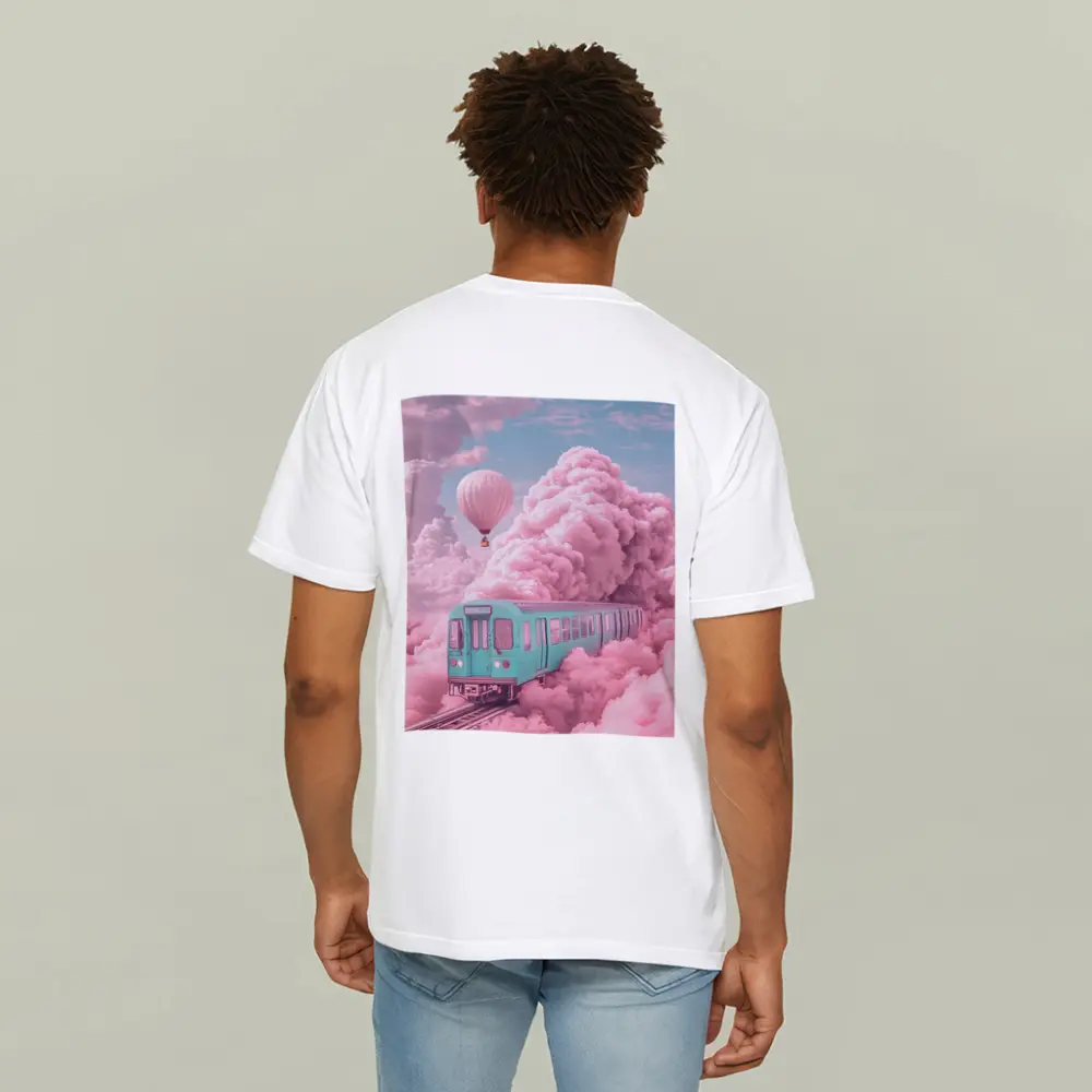 Teal Train Floating Through Pink Clouds – T-Shirts