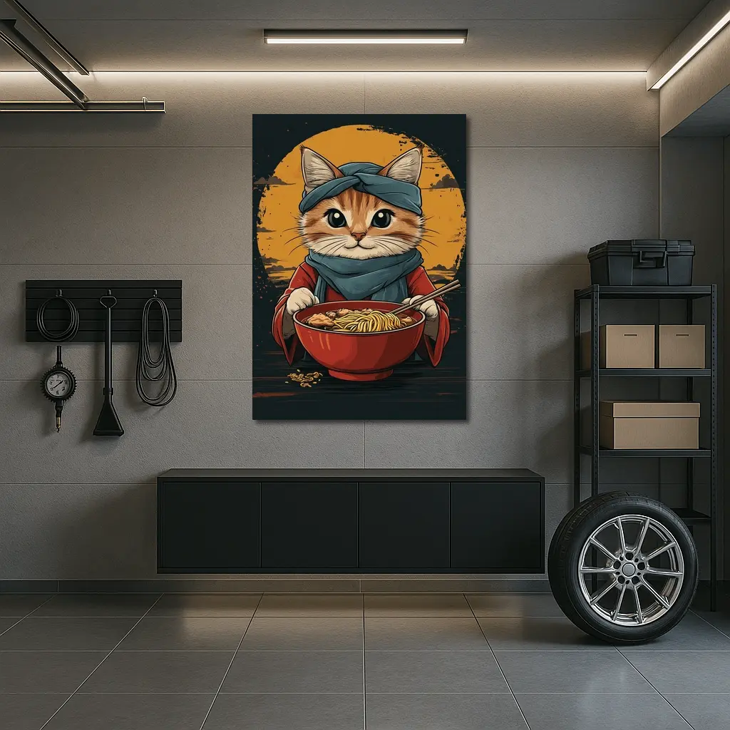 Samurai Cat Eating Ramen Bowl Art – Wall Art