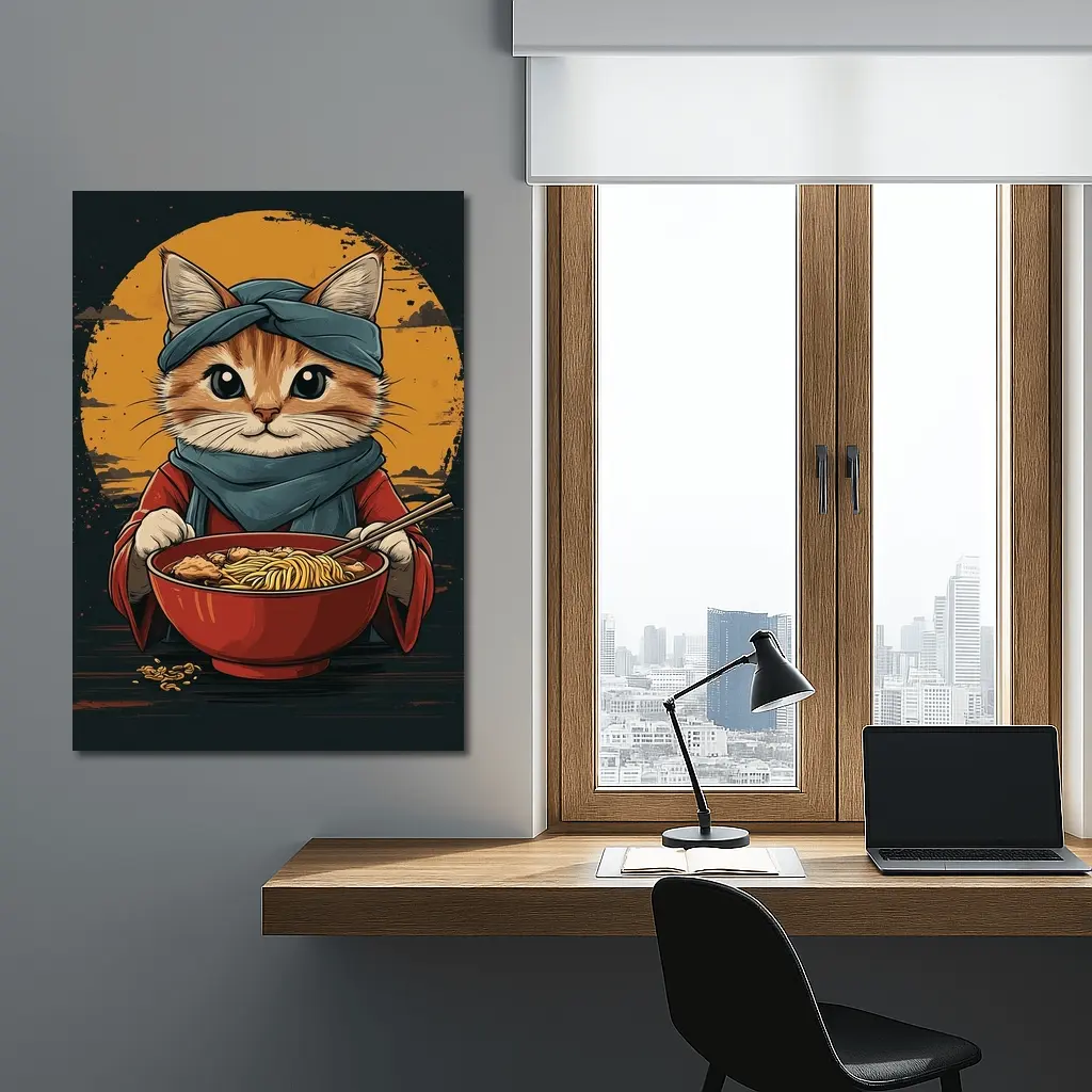 Samurai Cat Eating Ramen Bowl Art – Wall Art