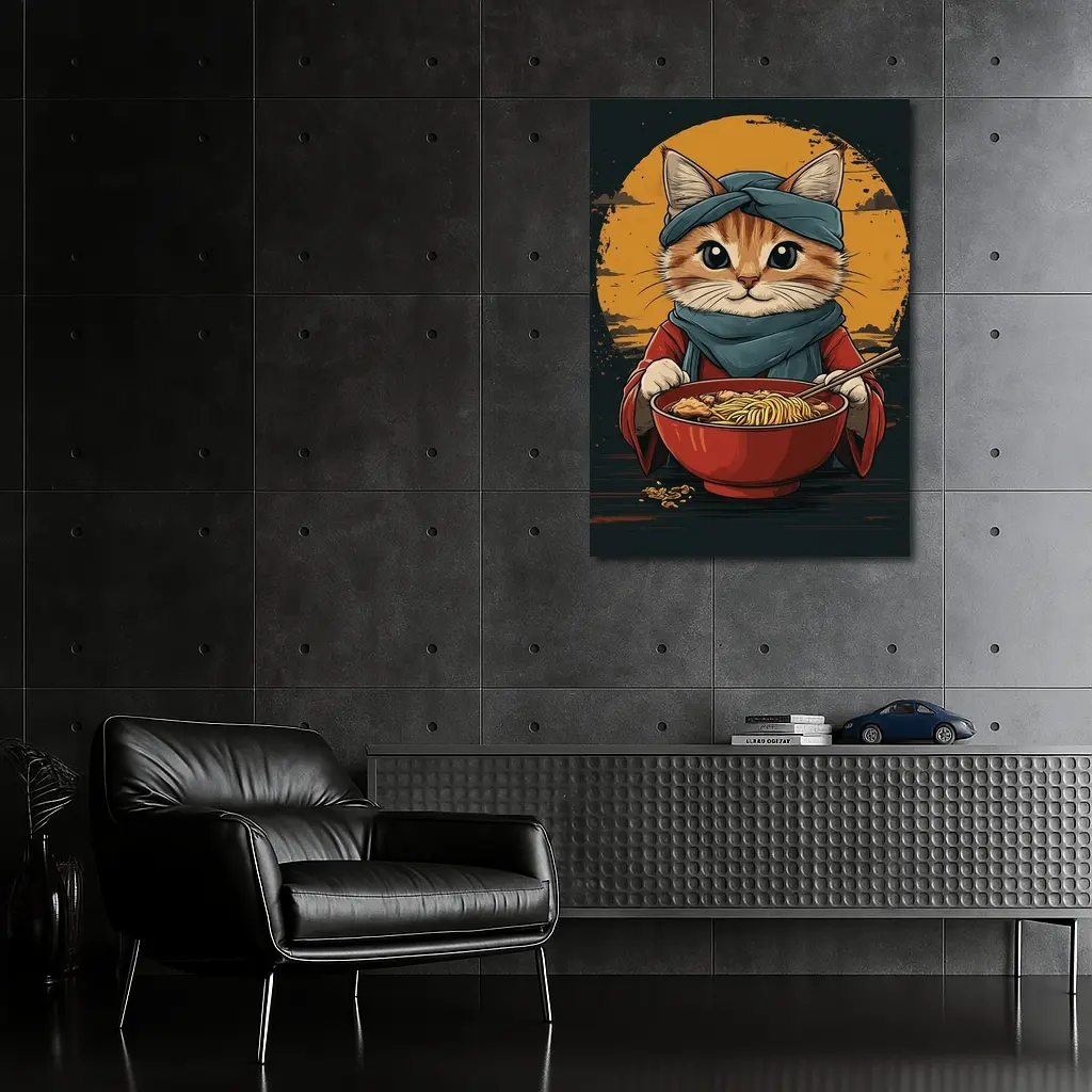 Samurai Cat Eating Ramen Bowl Art – Wall Art