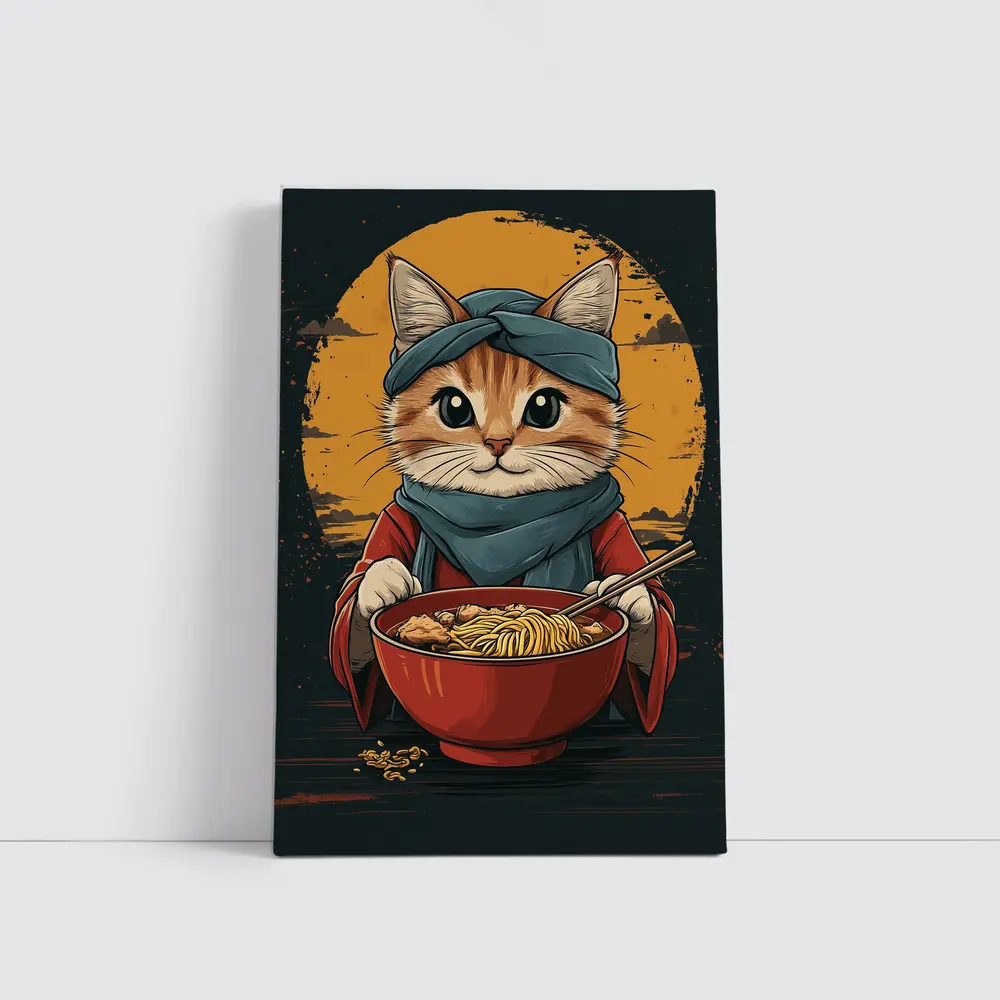 Samurai Cat Eating Ramen Bowl Art – Wall Art