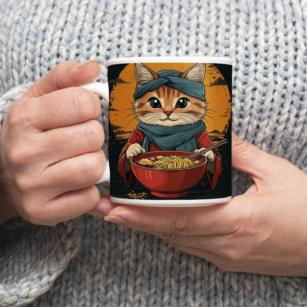 Samurai Cat Eating Ramen Bowl Art – Mugs