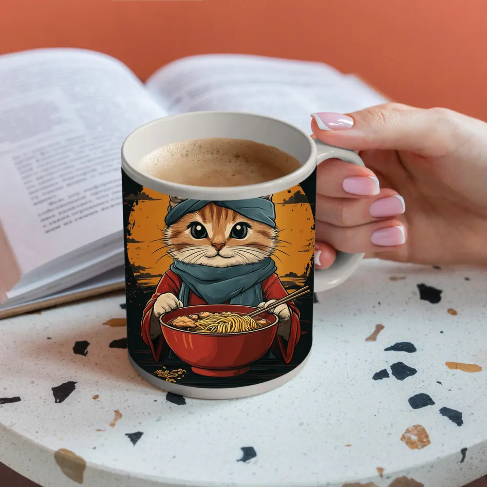 Samurai Cat Eating Ramen Bowl Art – Mugs
